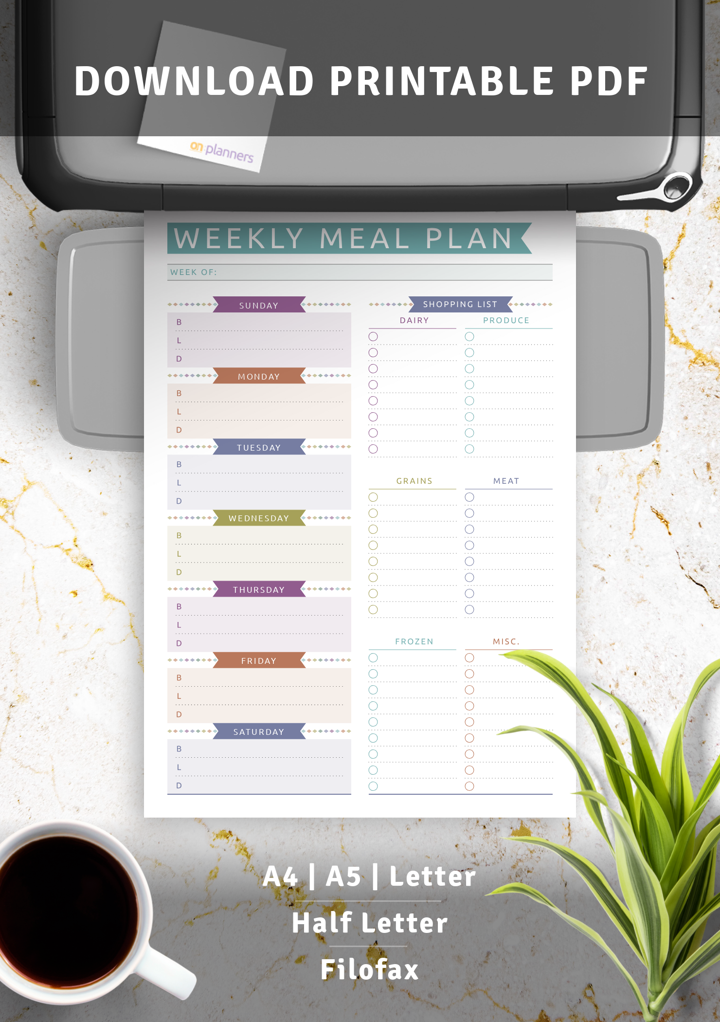 Download Printable Weekly Meal Plan with Shopping List - Casual Style PDF