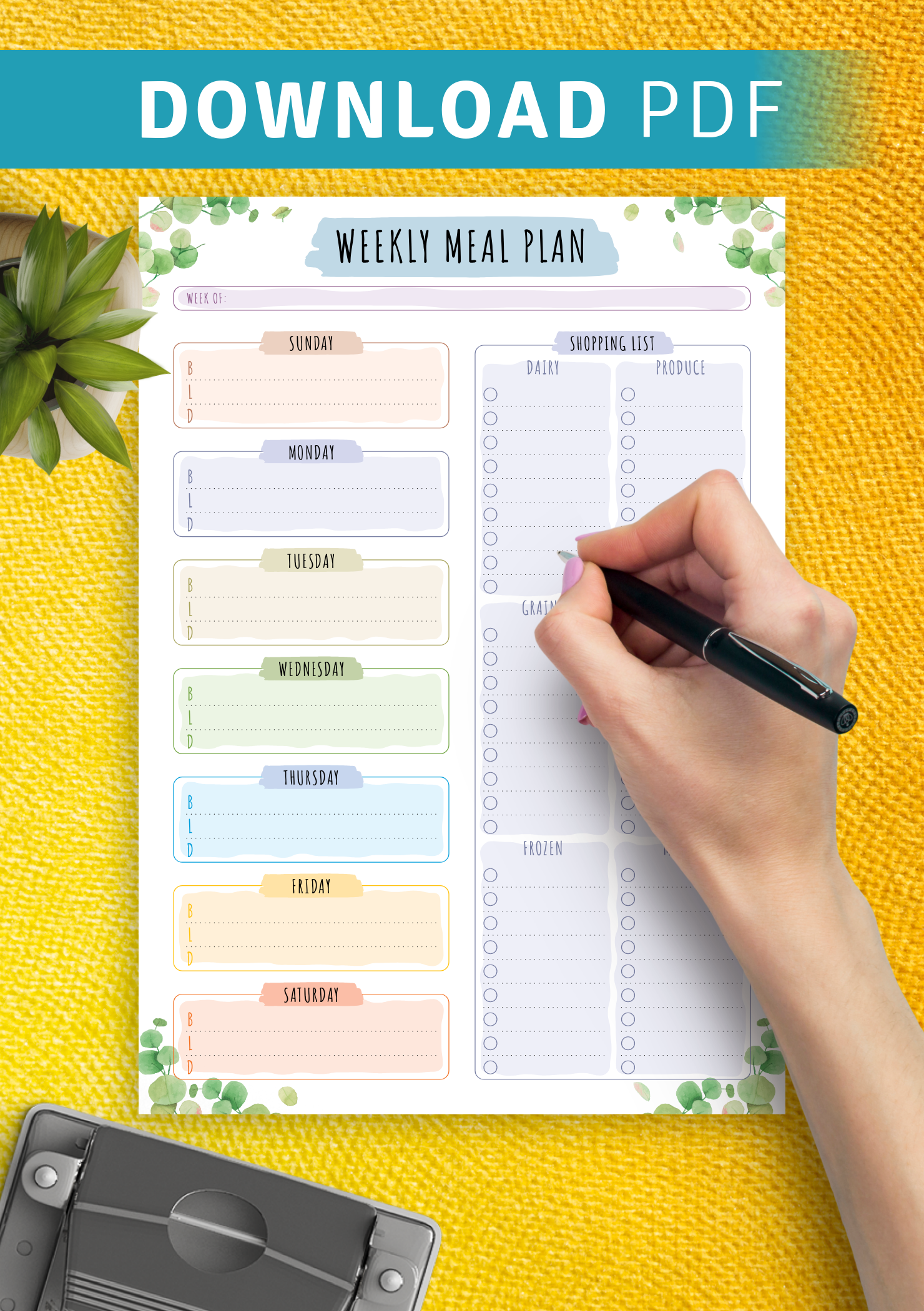 Download Printable Weekly Meal Plan with Shopping List - Floral Style PDF