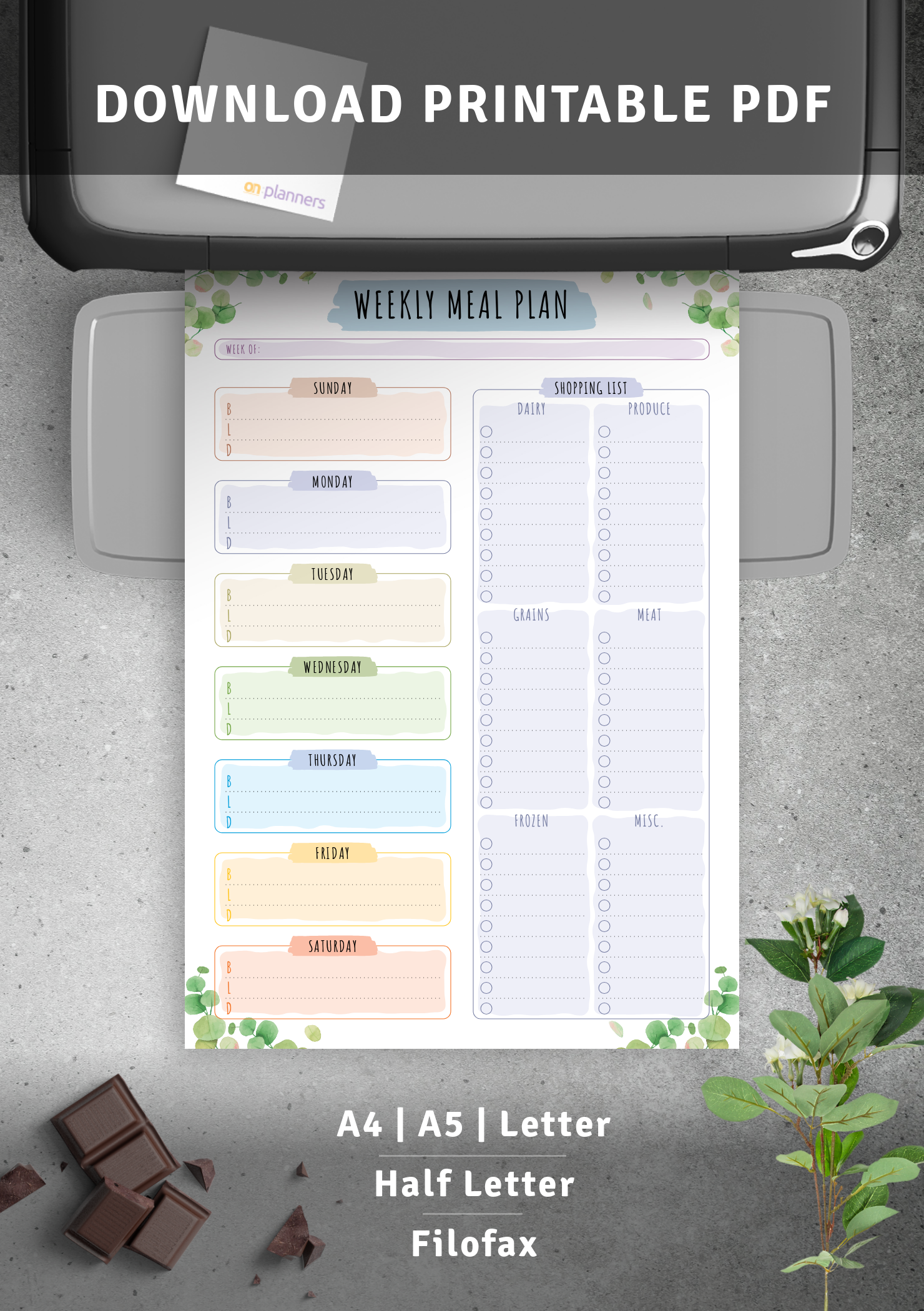 Download Printable Weekly Meal Plan with Shopping List - Floral Style PDF