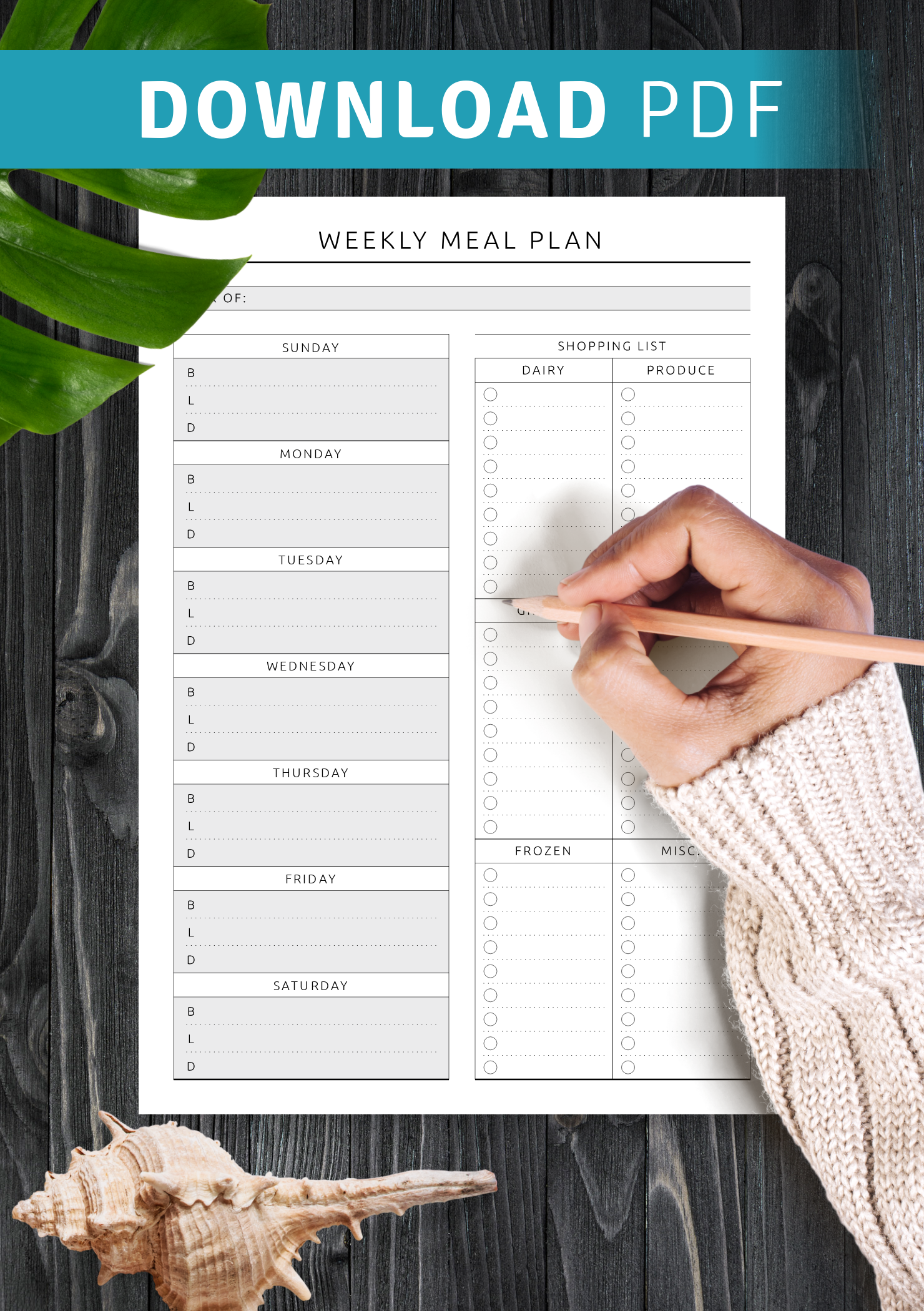 Download Printable Weekly Meal Plan with Shopping List - Original Style PDF