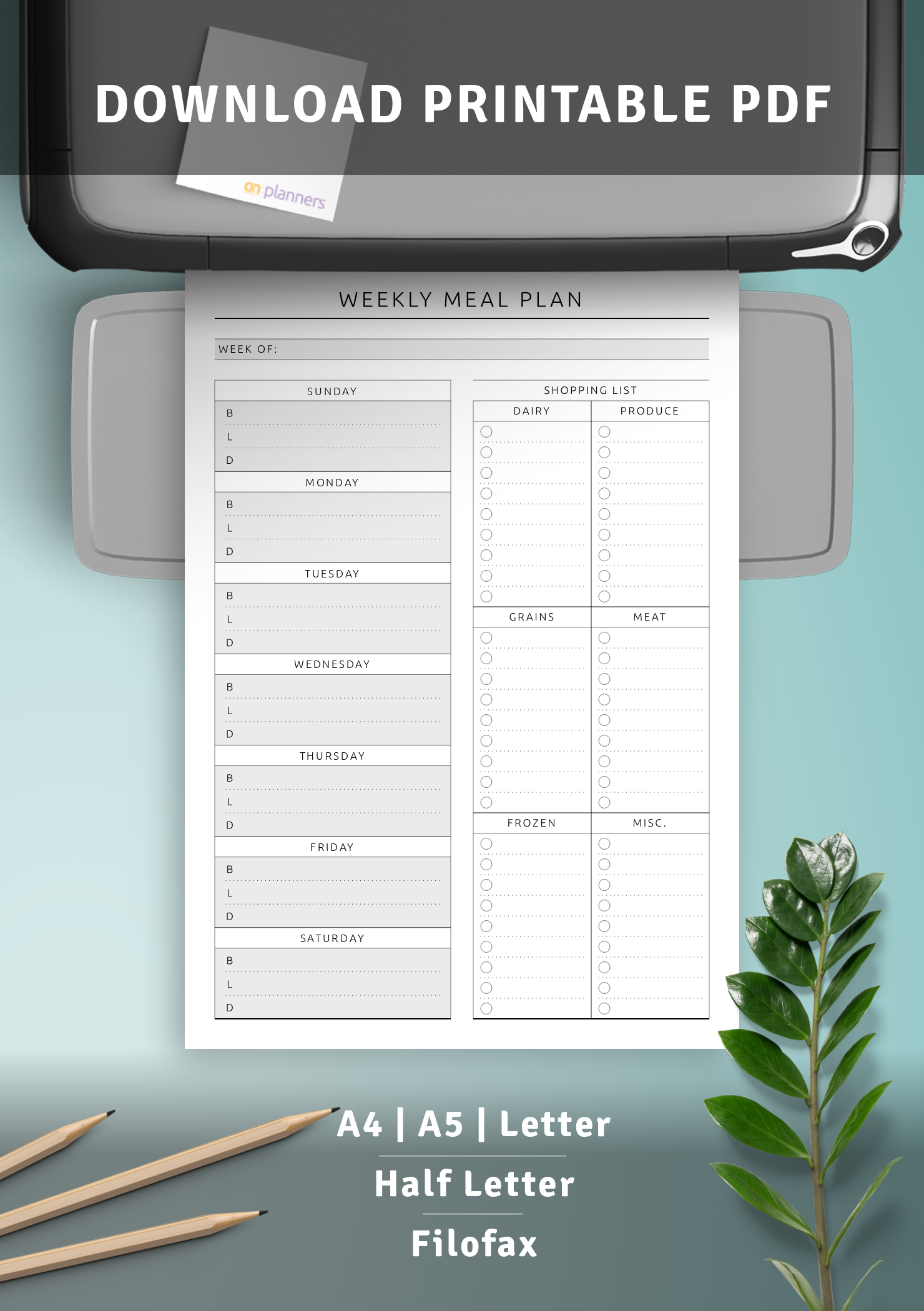 Download Printable Weekly Meal Plan with Shopping List - Original Style PDF