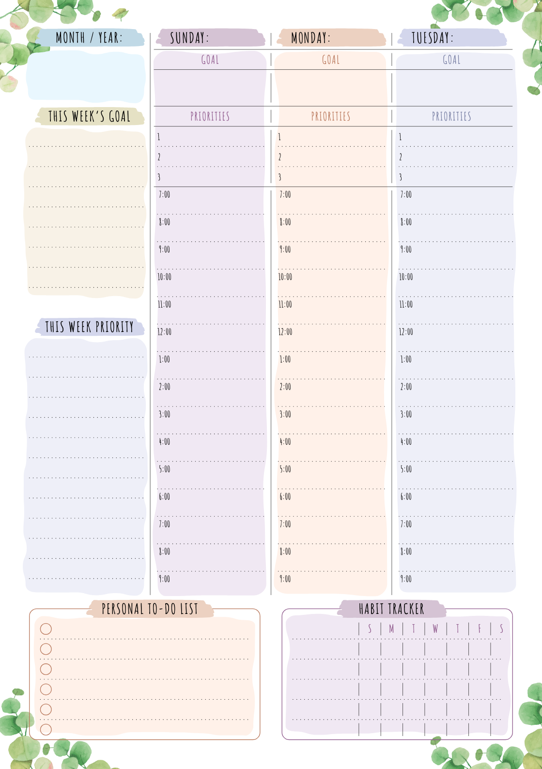 Download Printable Weekly Planner - Floral Style - Undated PDF