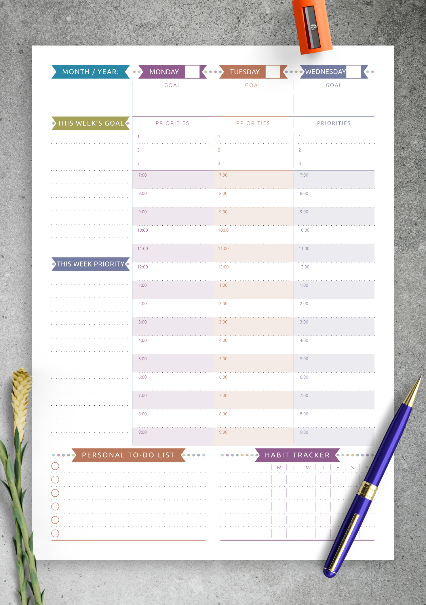 Download Printable Weekly Planner Undated Casual Style PDF
