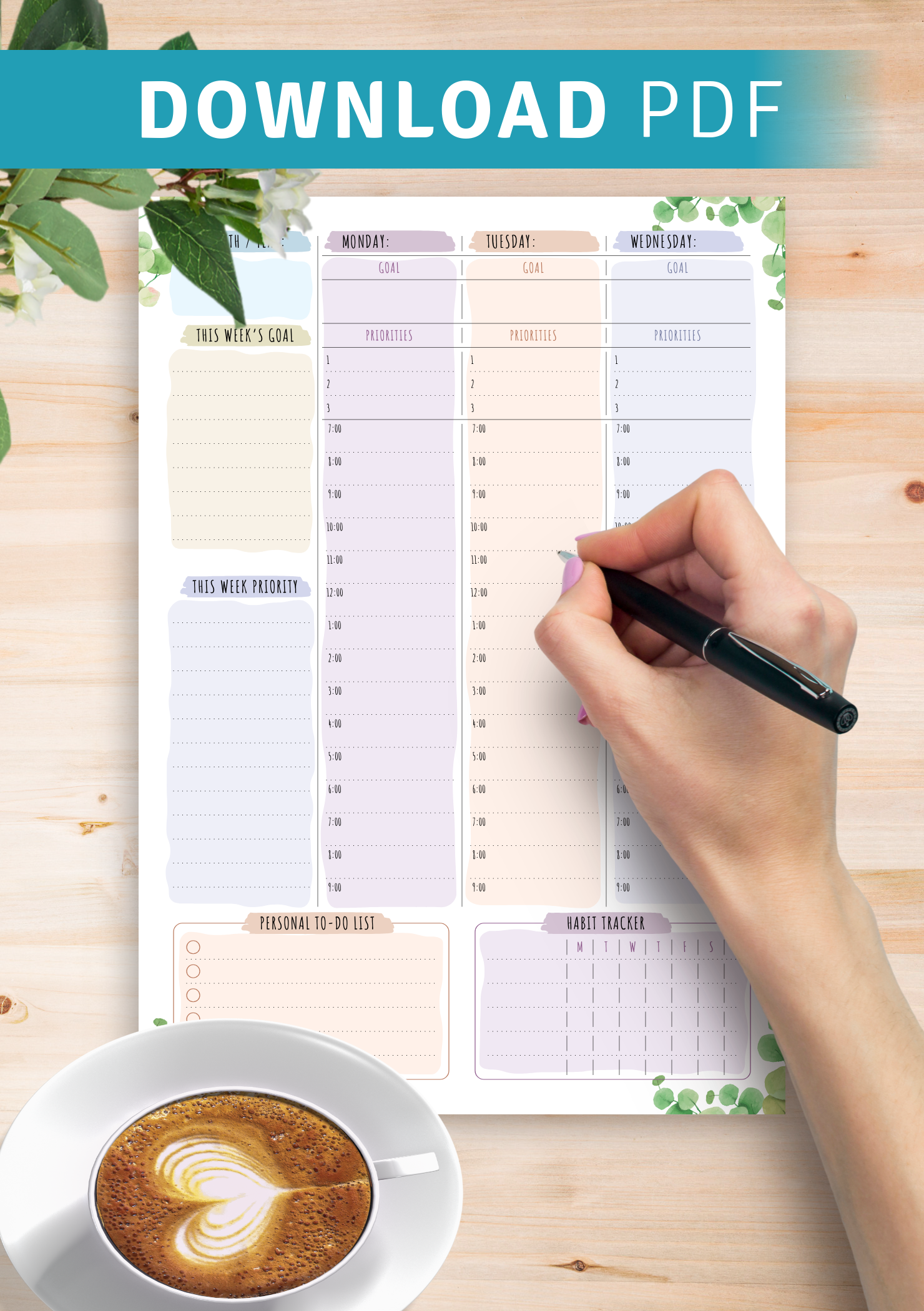 Download Printable Weekly Planner Undated - Floral Style PDF