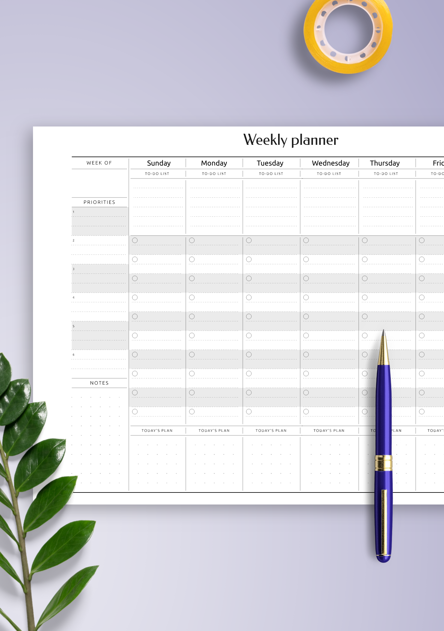 Download Printable Horizontal Weekly Task Planner Template PDF