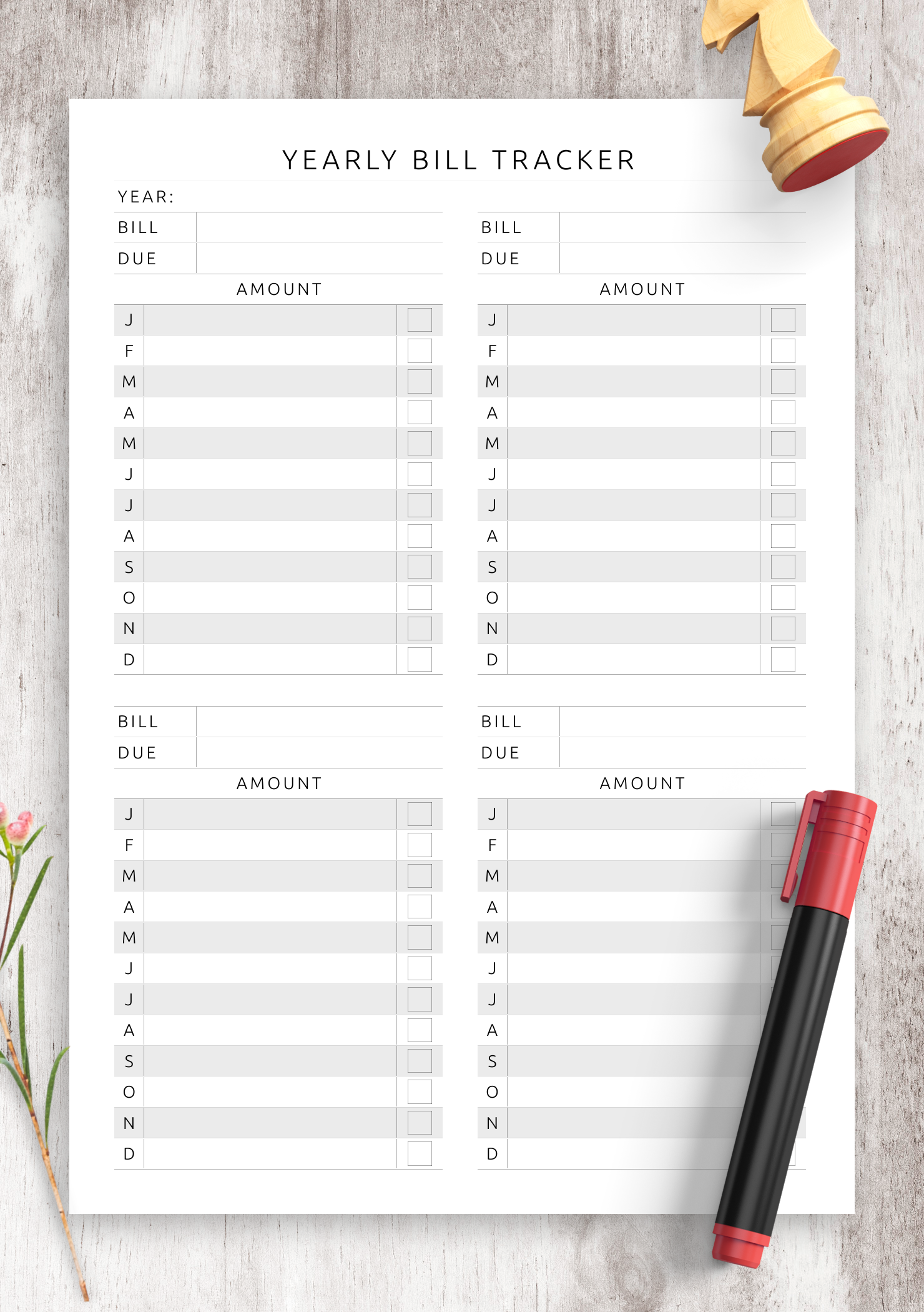 Download Printable Yearly Bill Tracker Template PDF