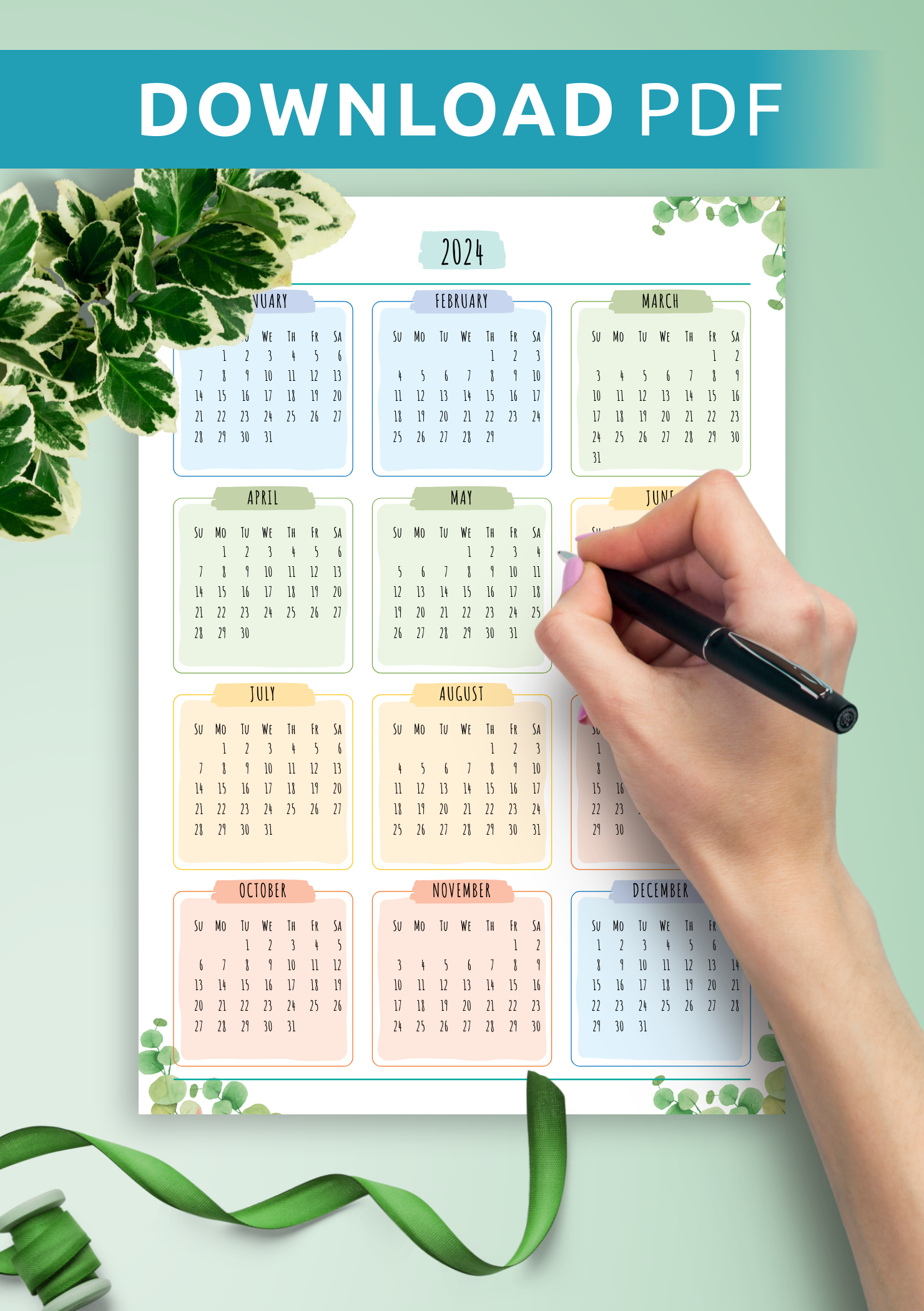 Download Printable Yearly Calendar - Floral Style PDF