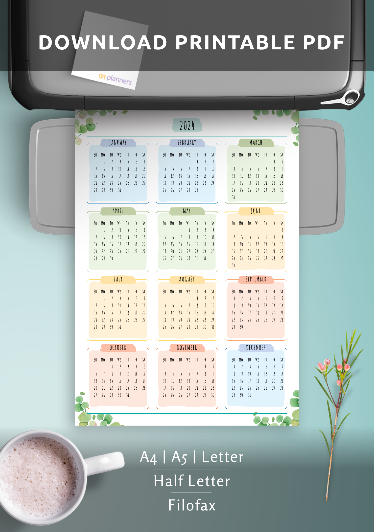 Download Printable Yearly Calendar - Floral Style PDF