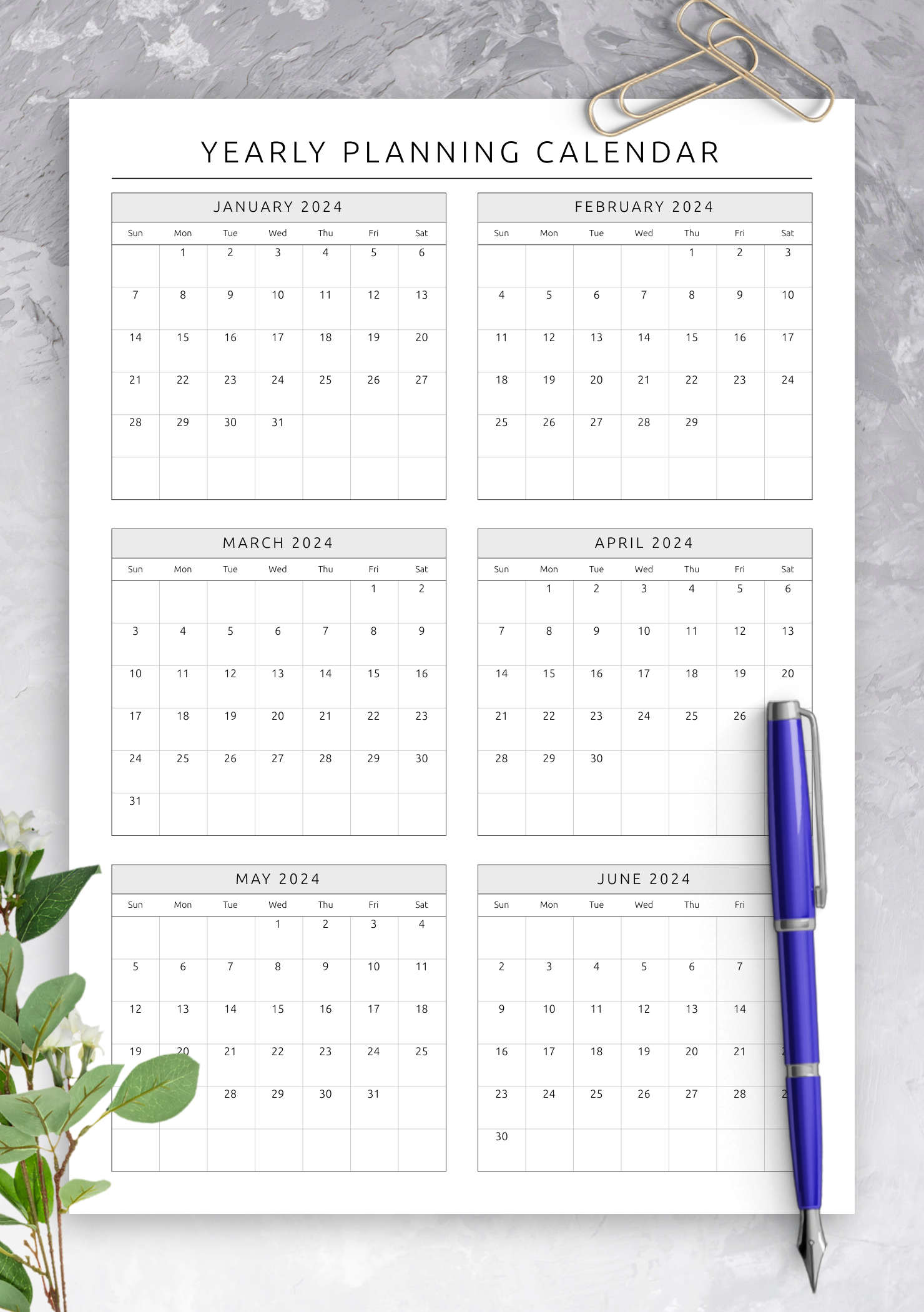 Download Printable Yearly Planning Calendar Template PDF