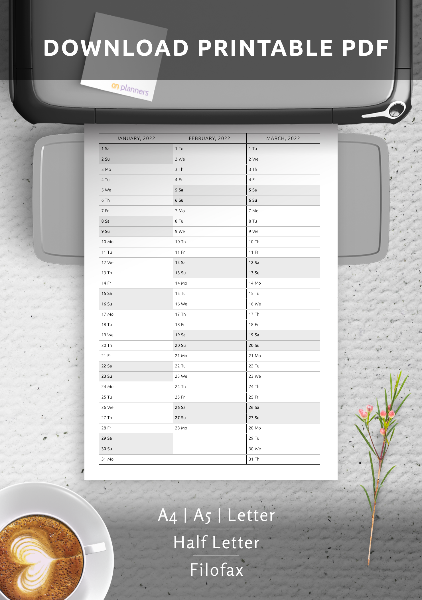 Download Printable Yearly Vertical Calendar on Four Pages PDF