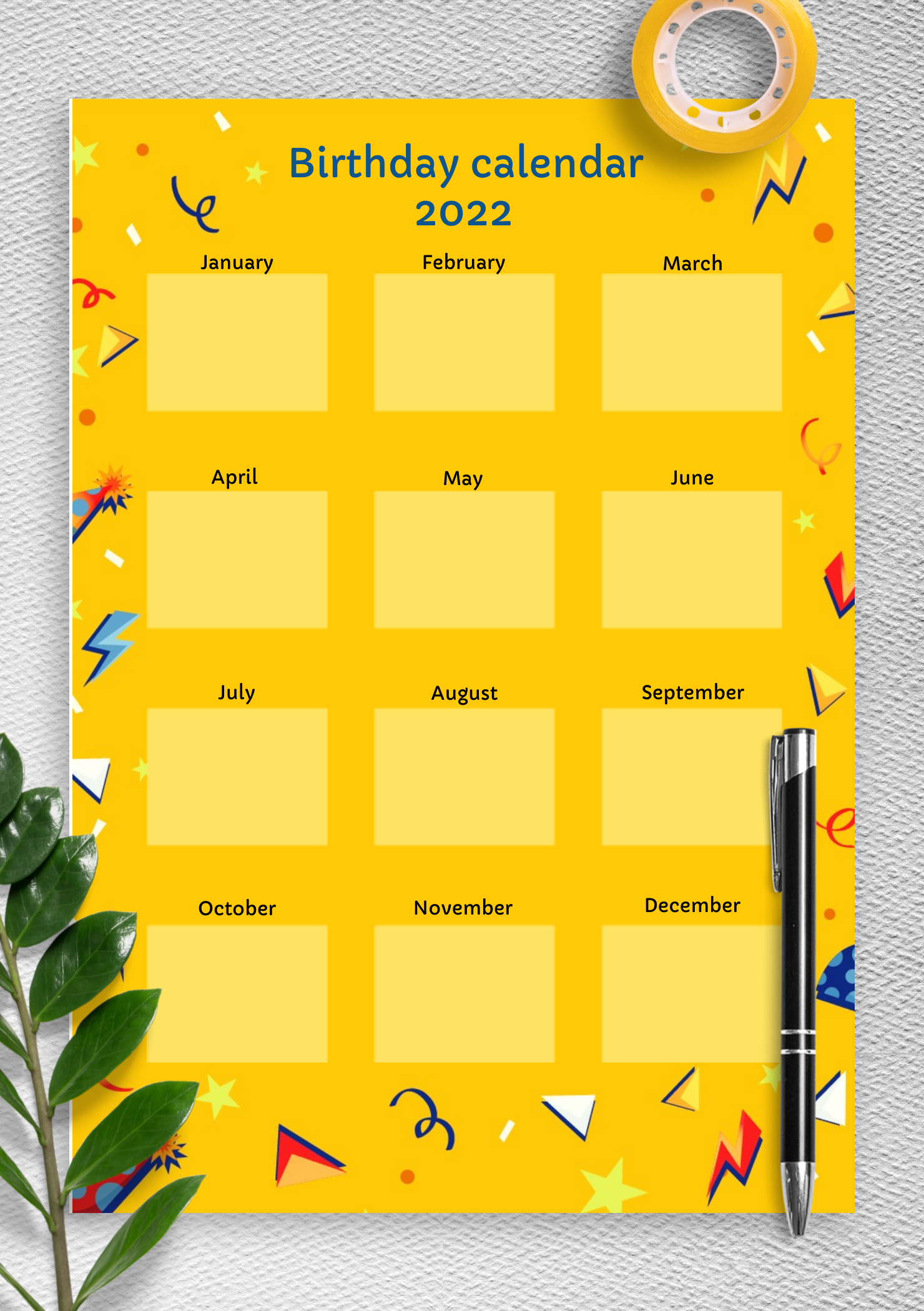 Download Printable Yellow Confetti Birthday Calendar PDF