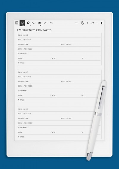 Emergency Contacts Template for Supernote