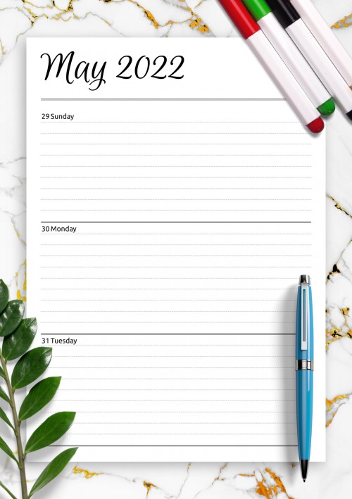 Horizontal weekly planner May 2022